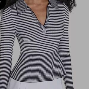 BCBGMaxAzria Black and White Striped Long Sleeve Polo Top size Large. NWT
